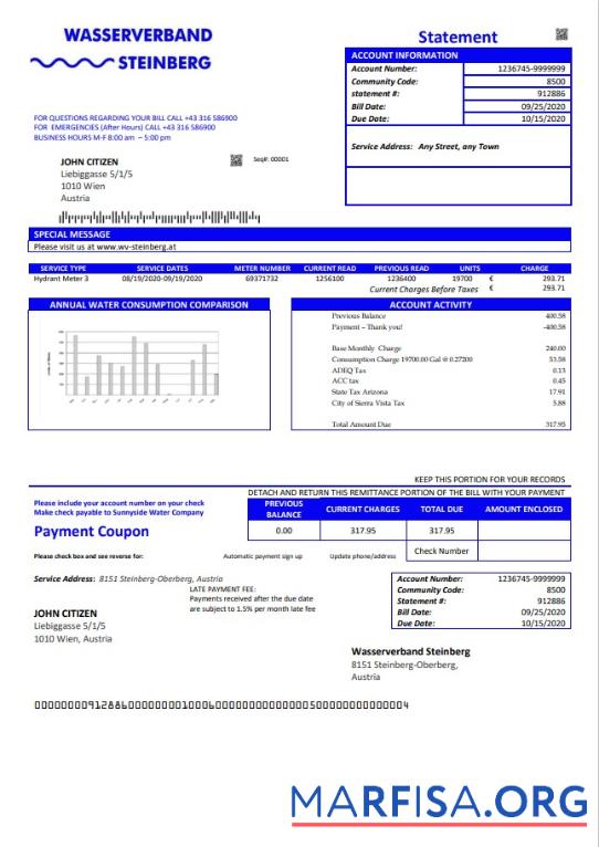 Downloadable Austria Wasserverband Steinberg water utility bill sample